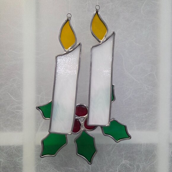 Stained Glass Candle Ornament With Holly & Berries Decoration Sun Catcher - Picture 4 of 4
